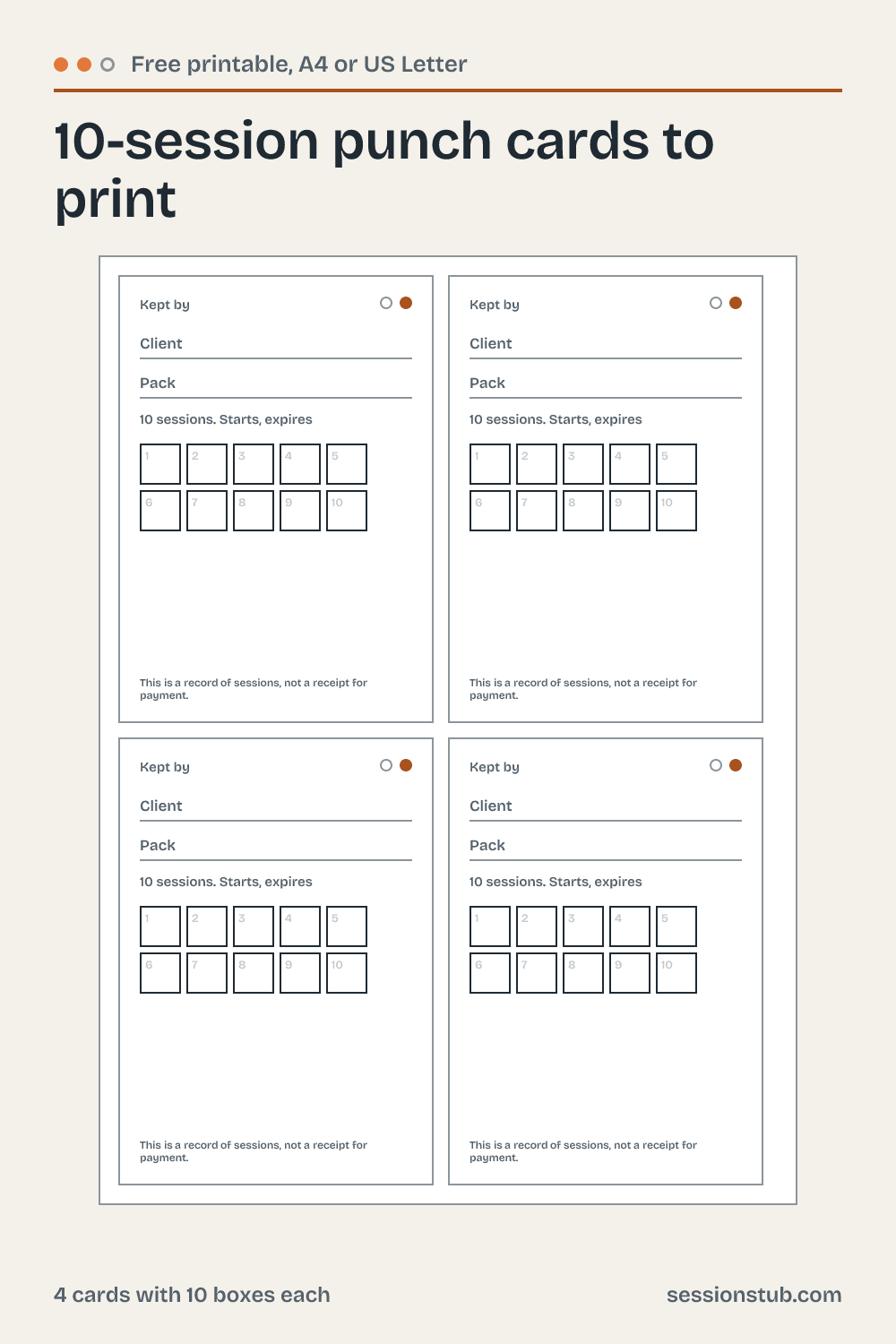 Preview of the 10-session punch cards: 4 cards with 10 boxes each.