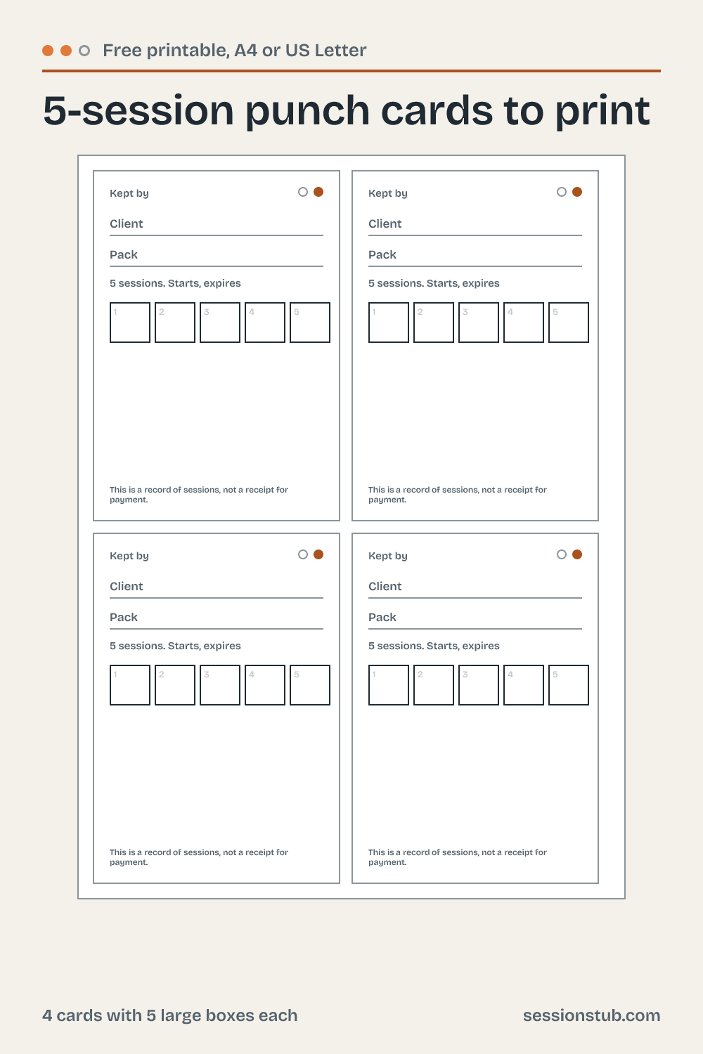 Preview of the 5-session punch cards: 4 cards with 5 large boxes each.
